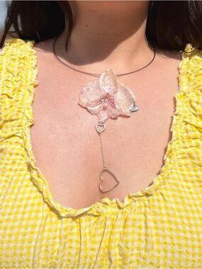 Delicate Pink Orchid Pendant Choker with Heart Drop